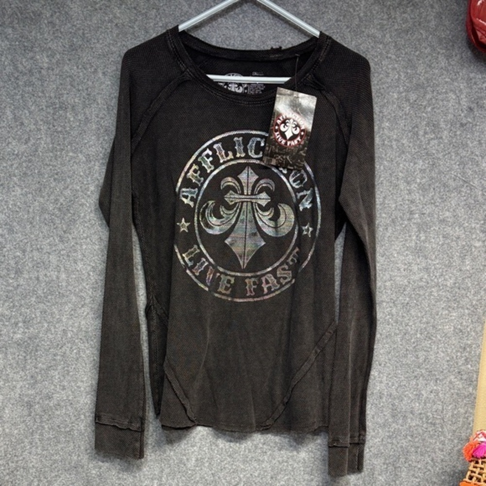 Affliction Divio Empire Black thermal metallic multi color Graphic shirt